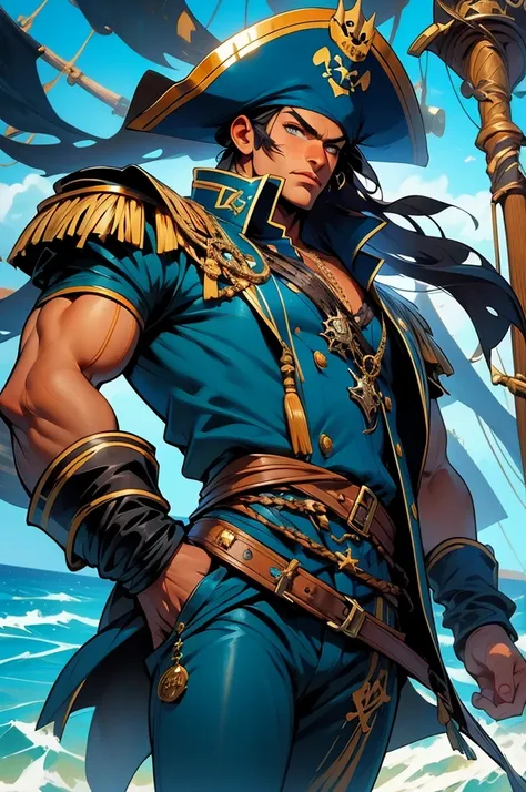 pirate king, king of thieves, male pirate captain, male pirate commander, extremely musculair pirate