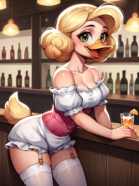 score_9, score_8_up, score_7_up, score_6_up,score_5_up,score_4_up,, 1girl,goldie ogilt, ducktales, beak, duck, green eyes, eyebrows, blonde hair, mature female, eye bags, eyelashes, scut tail, white skin, orange legs, cute, sexy,  hud_vtg_ling, pink corset...