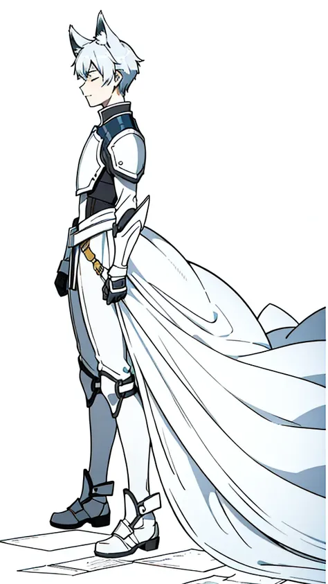 (1boy,15 years old),short hair,solo,white armor ,silver hair,fox ears,(white background,line drawing),serious,closed eyes,from side, sitting,full body, 