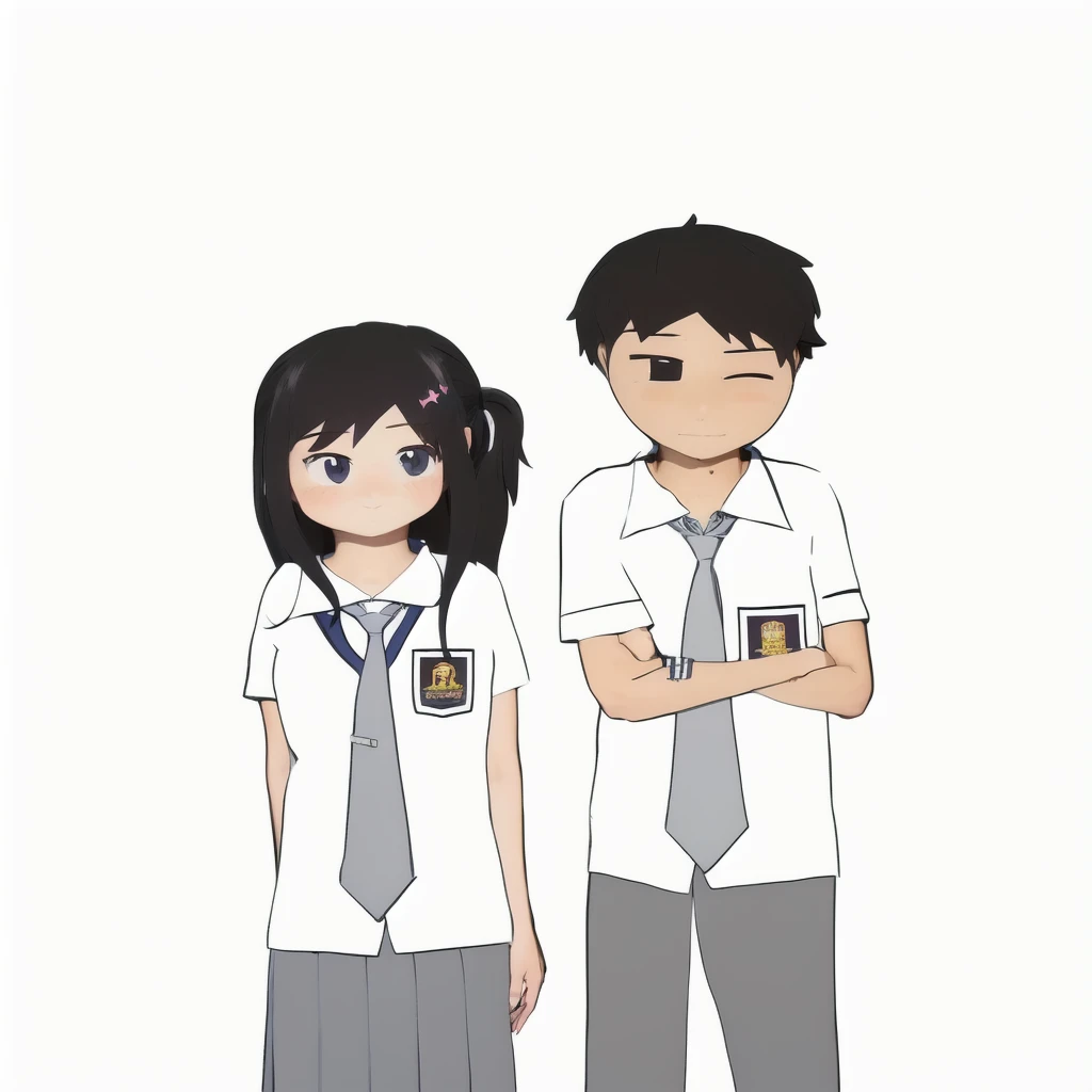 cartoon of a boy and girl in school uniforms standing next to each other, wearing school uniform, wearing a school uniform, jk uniform, , wearing japanese , two characters, japanese , boy and girl, with two characters, japanese high school, school class, i...