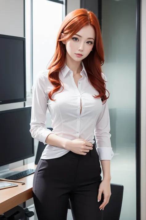 An attractive redhead woman, in office clothes