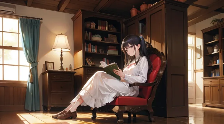 A beautiful girl reading in a Western-style house