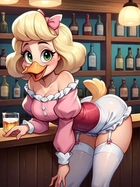 score_9, score_8_up, score_7_up, score_6_up,score_5_up,score_4_up,, 1girl,goldie ogilt, ducktales, beak, duck, green eyes, eyebrows, blonde hair, mature female, eye bags, eyelashes, scut tail, white skin, orange legs, cute, sexy,  hud_vtg_ling, pink corset...