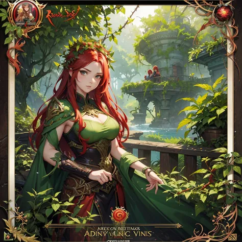 a woman with red hair and green leaves on her head, by Ross Tran, fantasy art, martin ansin, vines and thorns, hulkish, ross tran style, clad in vines, fantasy card game art, trending on artstration, covered in plants, dan mumford tom bagshaw, ilya kuvshin...