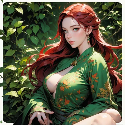 a woman with red hair and green leaves on her head, by Ross Tran, fantasy art, martin ansin, vines and thorns, hulkish, ross tran style, clad in vines, fantasy card game art, trending on artstration, covered in plants, dan mumford tom bagshaw, ilya kuvshin...