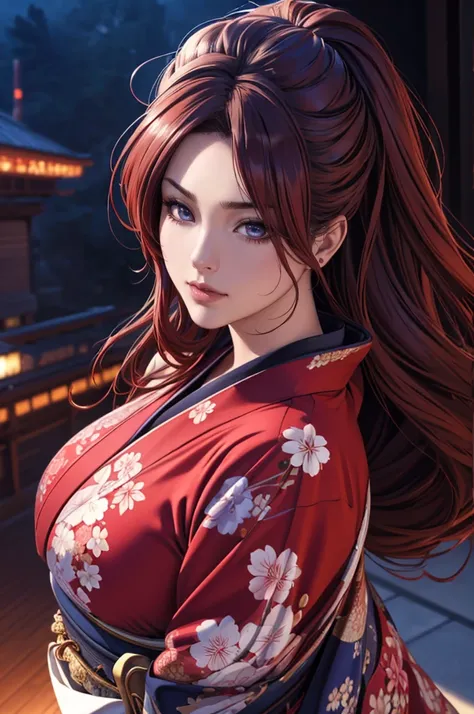 1woman,red kimono,flying,huge hair,jumping(best quality,4k,8k,highres,masterpiece:1.2),ultra-detailed,(realistic,photorealistic,photo-realistic:1.37),detailed face,beautiful eyes,elegant pose,intricate kimono patterns,flowing hair,dramatic lighting,cinemat...