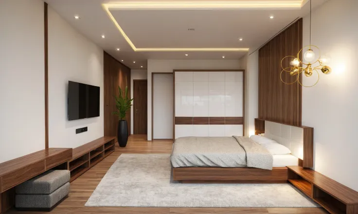 interior design, (walnut furniture:1.3), (white wall:1.3), (white ceiling), (white arcylic panel), wall bed panel design, tones ...