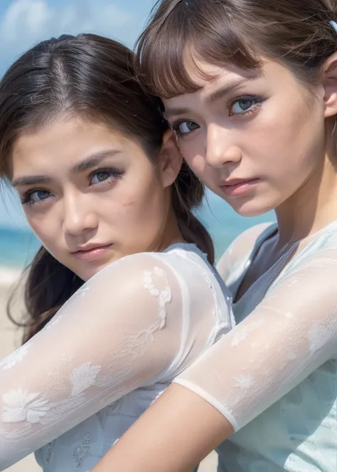 ((Top Quality, 8K, Masterpiece: 1.3)), Highly Detailed Face and Skin Texture, Detailed Eyes, Double Eyelids, Looking Away, Two girls wearing white rash guards,Okinawa&#39;s ocean, 16:9