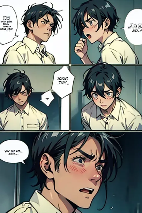  Guy with short black hair crying tears scared, manga page with panels and dialogue    