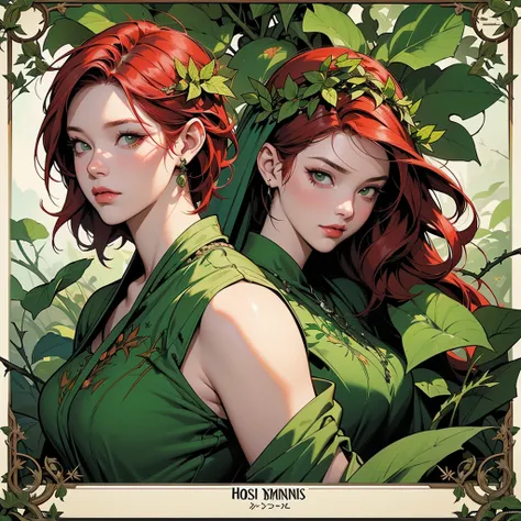 a woman with red hair and green leaves on her head, by Ross Tran, fantasy art, martin ansin, vines and thorns, hulkish, ross tran style, clad in vines, fantasy card game art, trending on artstration, covered in plants, dan mumford tom bagshaw, ilya kuvshin...