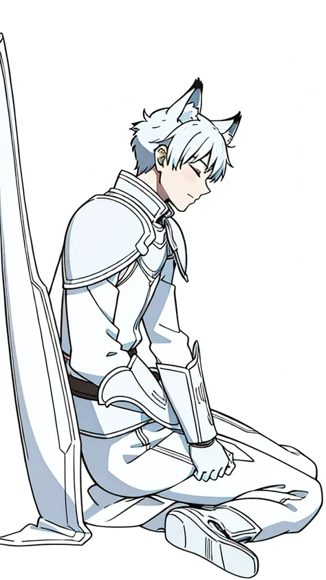 (1boy,15 years old),short hair,solo,white armor ,silver hair,fox ears,(white background,line drawing),serious,closed eyes,from side, sitting,full body, 