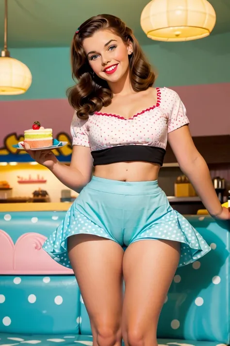 photo brunette pinup girl eating pinup cake beautiful smile beautiful cafe retro bright light colors pastel polka dot mini skirt posing in pinup style sexy