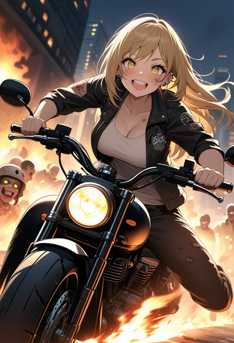 Golden hair, golden eyes with black pupils, woman, cruiser motorcycle, big chest, motorcycle goggles, happy, big smile, dirty, burning city at night, zombie apocalypse, tattered black streetwear, speeding, highly detailed, perfect eyes, well defined eyes, ...