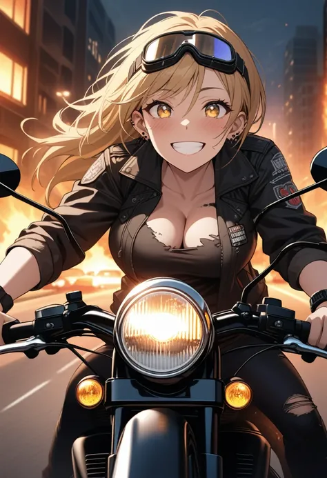 Golden hair, golden eyes with black pupils, woman, cruiser motorcycle, big chest, motorcycle goggles, happy, big smile, dirty, burning city at night, zombie apocalypse, tattered black streetwear, speeding, highly detailed, perfect eyes, well defined eyes, ...