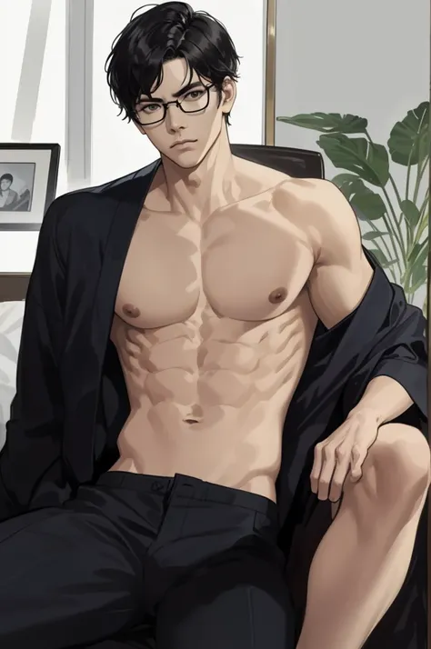 masterpiece, best quality, realistic, 1man, male focus, tall muscular, handsome, [thin eyebrows:0.5], serious, shirtless, portrait, extremely detailed face, black hair, (short hair), shirtless, six packs, full body, Japanese, round glasses, relax