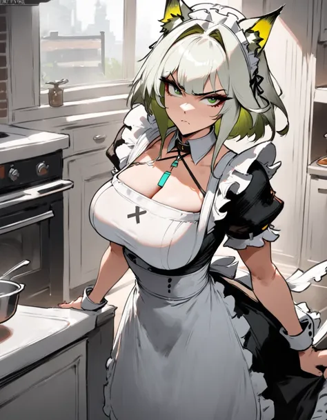 1girl, kaltsit (arknights), arknights  masterpiece, best quality, very aesthetic, absurdres, newest  slim body,///// ,by nyantcha,cutesexyrobutts , by khyle,,////// beautiful face, sexy, serious, angry, green eyes, animal ears, big tits,victorian maid
,  s...