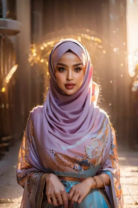 a cute asian girl with hijab, beautiful detailed eyes, beautiful detailed lips, extremA ely detailed face, long eyelashes, serene expression, intricate hijab pattern, soft warm lighting, digital painting, vibrant colors, cinematic lighting, photorealistic,...