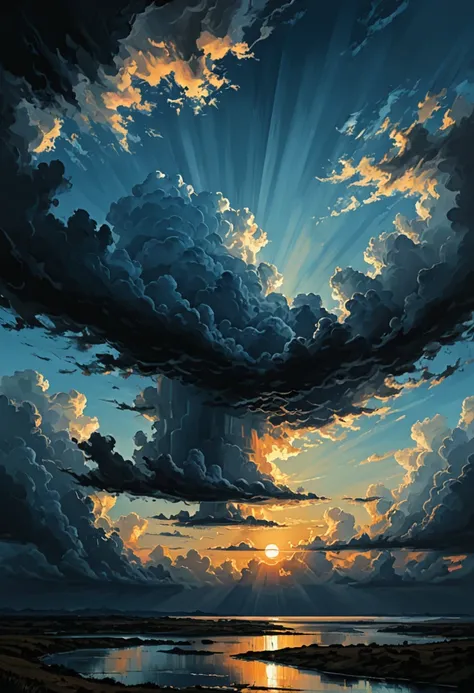 sky in gradient from dark to light blue, (sun above shining), (black and threatening clouds below), (realistic), (digital painting), (high resolution), (ultra-detailed), (masterpiece quality),