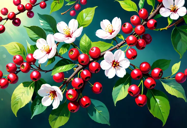 Coffee flowers，Coffee tree，Coffee Cherry，complex，Gorgeous,  Chantag, ish, Color theme, (best quality, masterpiece, representative work, Official Art, professional, 8K)