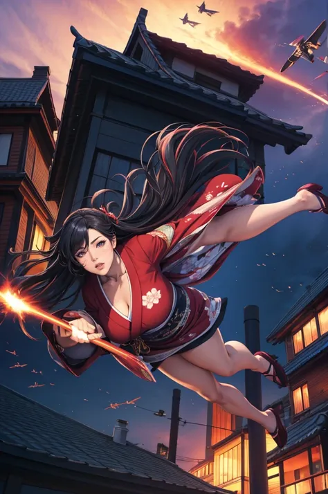 1woman,((((fullbody image)))),red kimono,((((flying)))),(((((flying over houses))))),huge hair,jumping(best quality,4k,8k,highre...