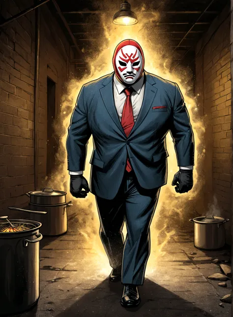 minimalistic comic artwork of a large man in a business suit, wearing a wrestling mask, cooking in a dark alley, looking back at...