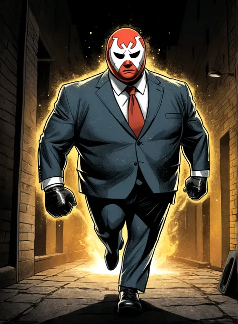 minimalistic comic artwork of a large man in a business suit, wearing a wrestling mask, cooking in a dark alley, looking back at...