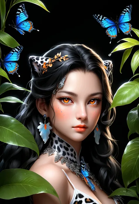 Lush plants，A fierce leopard in the jungle,1leopard,orange piercing eyes,black and white,dark background,photorealistic,realistic,high quality,high resolution,ultra detailed,masterpiece,studio lighting,cinematic lighting,dramatic lighting，Blue glowing butt...