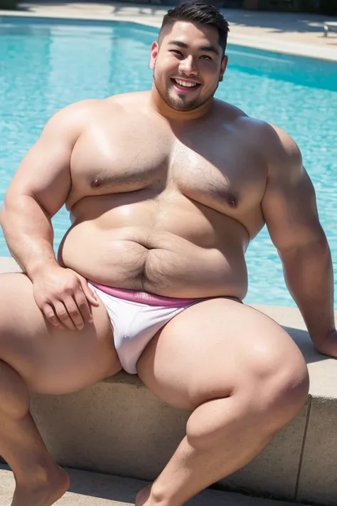 ((highest quality)), ((masterpiece)), (detailed), (Perfect Face), 4k, Shaved head, Young Japanese, Muscular, Fat body, Very big man, smile, White small swimsuit, Well-groomed fat face, Naked, Have power, Sitting with legs spread very wide, Highlights very ...