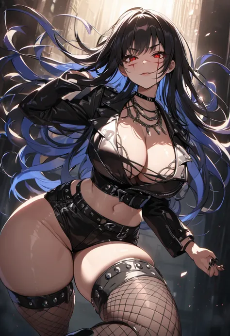 best quality, masterpiece, ultra-detailed, illustration, dynamic pose, Yoru, yorucsm, face scar, red eyes, black hair, looking at viewer, (evil smile), heavy eyeliner, wearing a leather jacket, platform boots  adorned with studded accessories, (layered nec...