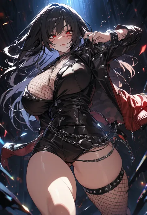 best quality, masterpiece, ultra-detailed, illustration, dynamic pose, Yoru, yorucsm, face scar, red eyes, black hair, looking at viewer, (evil smile), heavy eyeliner, wearing a leather jacket, platform boots  adorned with studded accessories, (layered nec...