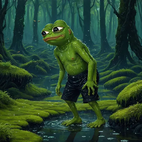 A land full of slime moss stagnant water and insects, (((pepe_frog))), 1 boy, yellow skin, black short with avitus name