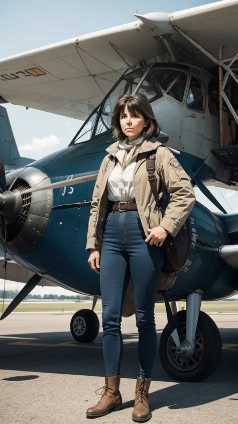 Harriet Quimby standing next to her plane, ready for her historic flight.