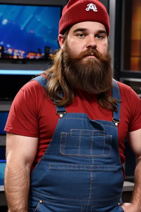 30 year old man from Alabama, obese body, long brown hair, long beard, very hairy arms, wearing overalls, wearing red hat, in news studio