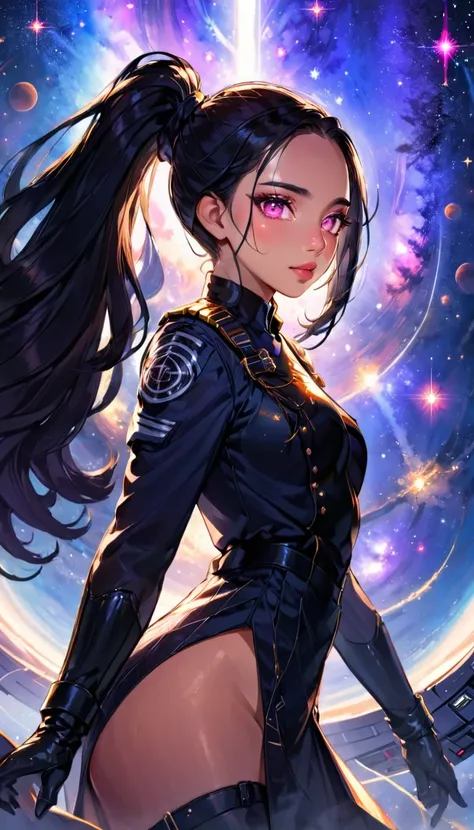 a beautiful female soldier named Lin Wei, standing on a spaceship with a vast expanse of space filled with twinkling stars as the backdrop. Lin Wei has long, shiny black hair tied in a high ponytail, black sparkling eyes, an oval face, finely shaped eyebro...