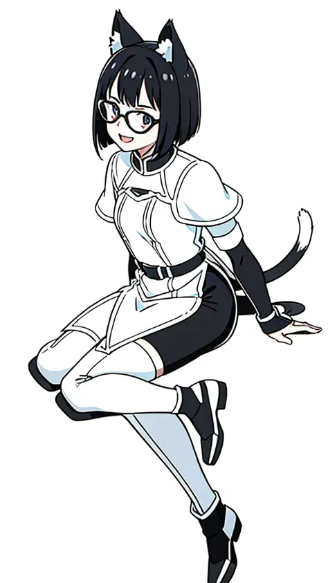 (1girl,14 years old,teen),Sliced bob hair,solo,white armor, black glasses,black hair,cat ears,(white background,line drawing),open mouth,happy,smile,talking,from side, sitting,full body, 