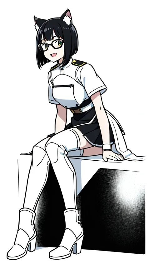 (1girl,14 years old,teen),Sliced bob hair,solo,white armor, black glasses,black hair,cat ears,(white background,line drawing),open mouth,happy,smile,talking,from side, sitting,full body, 