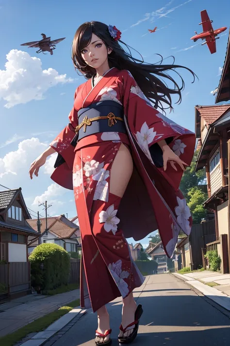 1woman,((((fullbody image)))),red kimono,((((flying)))),(((((flying over houses))))),huge hair,jumping(best quality,4k,8k,highres,masterpiece:1.2),ultra-detailed,(realistic,photorealistic,photo-realistic:1.37),detailed face,beautiful eyes,elegant pose,intr...