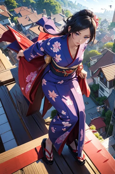 1woman,((((fullbody image)))),red kimono,((((flying)))),(((((flying over houses))))),huge hair,jumping(best quality,4k,8k,highres,masterpiece:1.2),ultra-detailed,(realistic,photorealistic,photo-realistic:1.37),detailed face,beautiful eyes,elegant pose,intr...