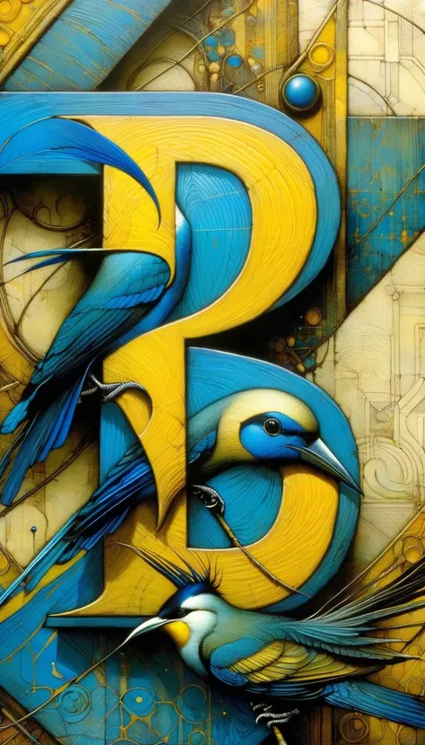 a close up of a blue and yellow letter s with a bird, (art inspired by Dave Mckean, intricate details, oil painting)
