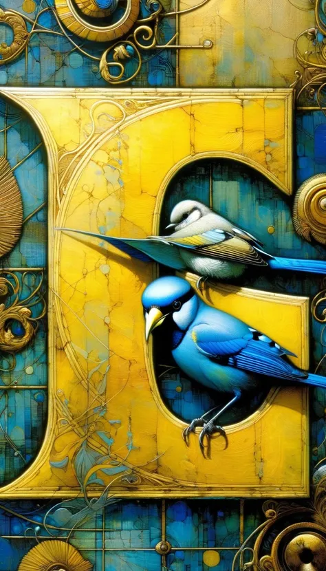 a close up of a blue and yellow letter s with a bird, (art inspired by Dave Mckean, intricate details, oil painting)
