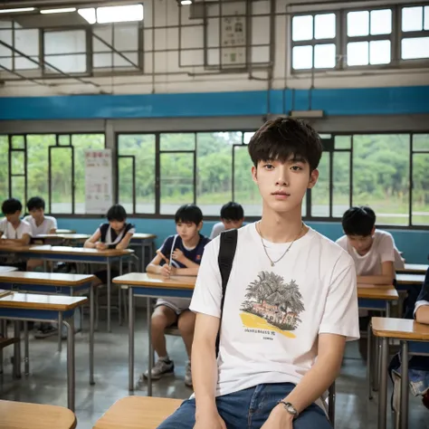 A man is sitting in the classroom, boy, male classmate, in the campus classroom, this male classmate is wearing a white T-shirt, short black hair, holding a pen in his hand, there are test papers, there are books, the lens is mainly featured on the upper b...