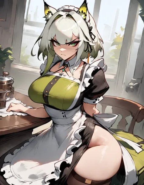 1girl, kaltsit (arknights), arknights  masterpiece, best quality, very aesthetic, absurdres, newest  slim body,///// ,by nyantcha,cutesexyrobutts , by khyle,,////// beautiful face, sexy, serious, angry, green eyes, animal ears, big tits,victorian maid
,  s...