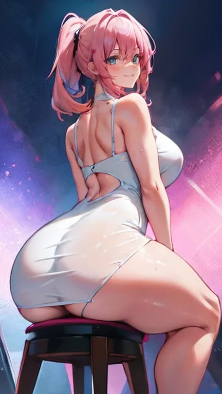 high resolution, ultra-sharp, 8K, work of art, gazing at viewer, Photography behind, very tight wet dress, thick ass, Perfect Anatomia, wearing Yokata, pink  hair, seducing smile, beautiful  face, sitting down, minimalist coloring