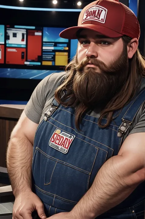 30 year old man from Alabama, obese body, long brown hair, long beard, very hairy arms, wearing overalls, wearing red trucker hat, in news studio