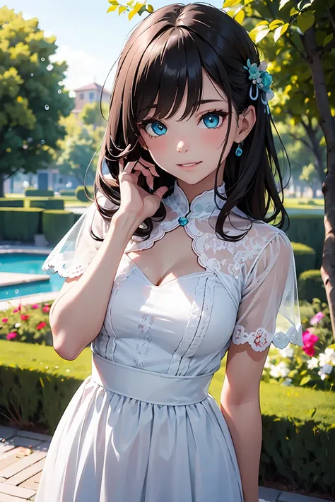 ((1 Girl)), Latest Trends in Clothing, sharp expression, White dress with lace, Shorn bangs, garden, Cowboy Shot,((Very detailed,Highest quality, High resolution, 8k wallpaper, Beautiful clothes,)),((Black Hair, Shortcuts,Straight hair)) , (teeth), Grinnin...