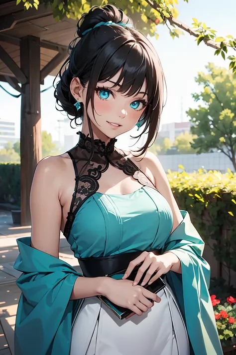 ((1 Girl)), Latest Trends in Clothing, sharp expression, White dress with lace, Shorn bangs, garden, Cowboy Shot,((Very detailed,Highest quality, High resolution, 8k wallpaper, Beautiful clothes,)),((Black Hair, Shortcuts,Straight hair)) , (teeth), Grinnin...