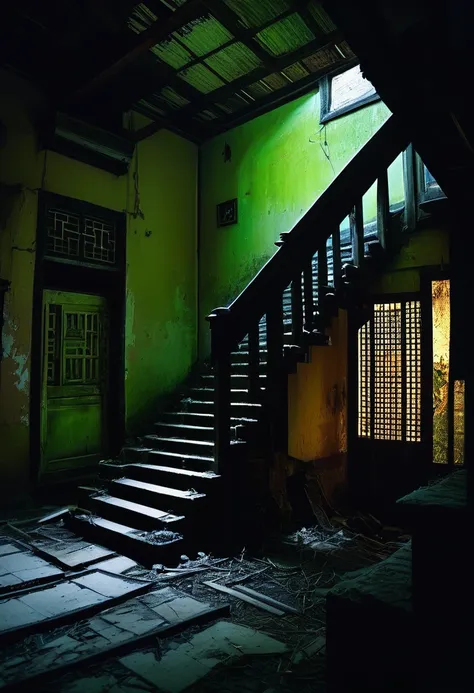 A hauntingly beautiful image of an old, abandoned Asian house with a dimly lit, narrow staircase. The staircase leads to darkness, with only a single broken fluorescent warm light lamp, dimly light. At the base of the stairs lies a broken, dirty doll, seem...