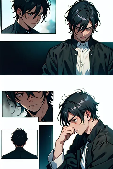 guy with short black hair crying tears, intense detailed scenes, manga page with panels and dialogue