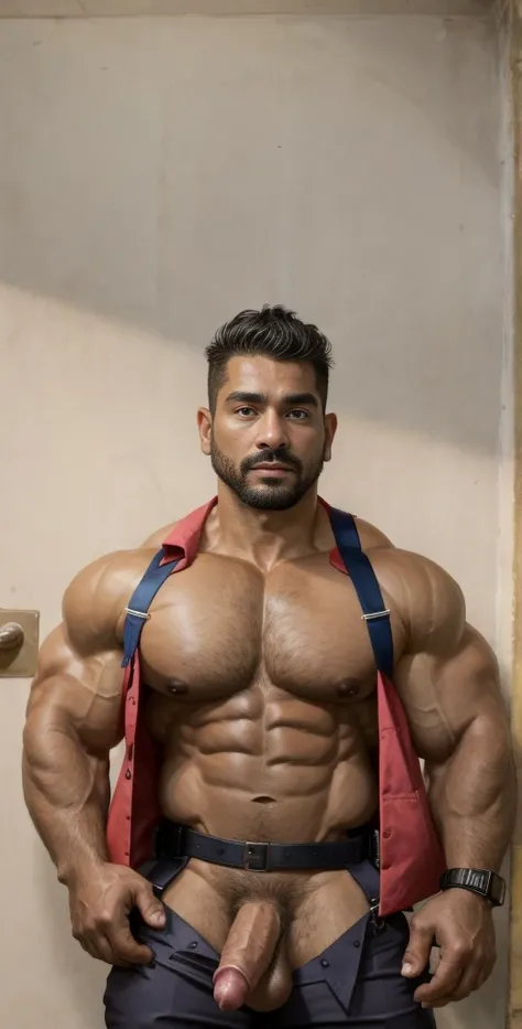 1boy, Mexican, solo, facial hair,34 yrs old, fitness trainer, male focus, flaccid penis, pectorals, bara, muscular, mature male, muscular male, abs, beard, ring nipples, garter and suspenders, short hair, navel, stomach, large pectorals, thick eyebrows, ba...