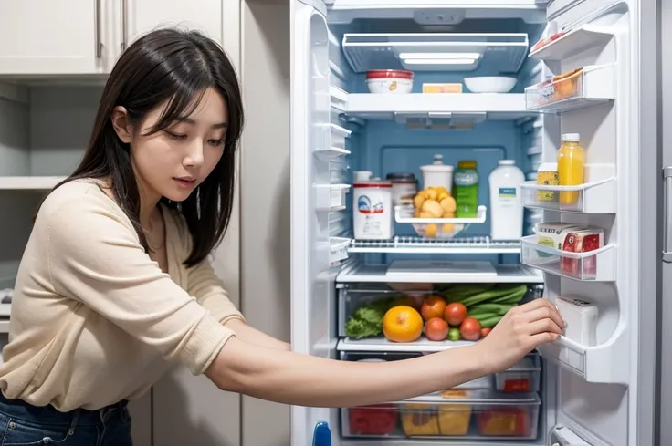 An Asian woman in her 30s cleans the inside of the refrigerator with a handkerchief in her hand. The door of the refrigerator is open and the shelf of the refrigerator is being cleaned by a woman. Please create a realistic picture of high quality.